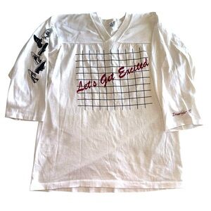 80s Large Spirit Let’s Get Excited Sports Shirt White Red Drumright 1985 Graphic